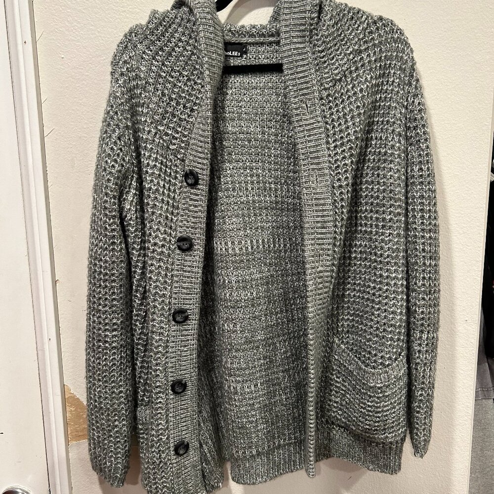 Hooded Gray Knitted Button Up Sweater Jacket Size L